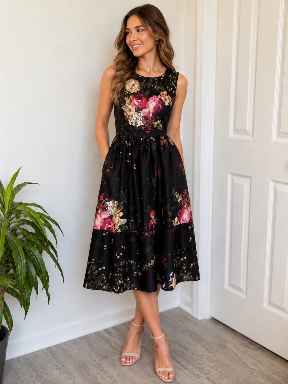 Whimsical Romantic Womens Dress 4 Black Floral Midi Fairy Wedding Guest MAIA